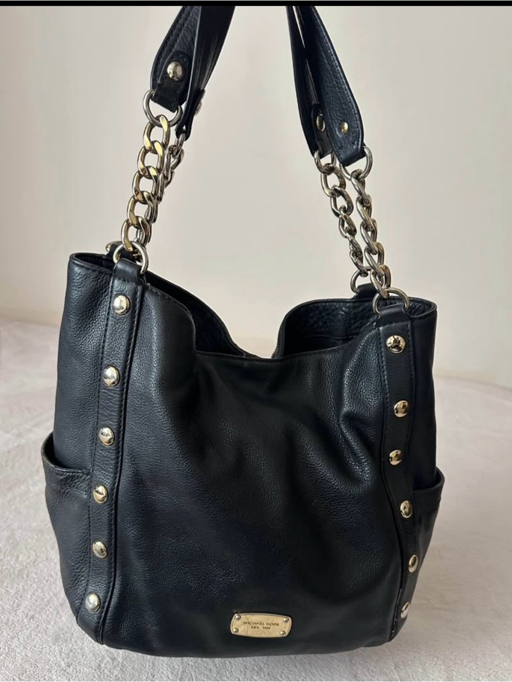 Michael Kors Black Leather Shoulder Hobo with Gold Chain Accents